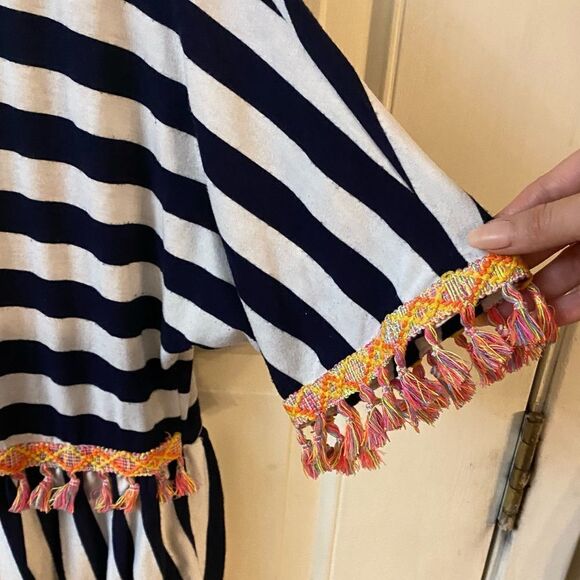 Entro Navy and White Striped Shirt with Neon Tassels Fringe Medium - Picture 3 of 8